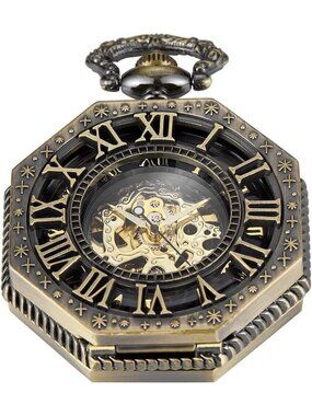 Men Black Retro Skeleton Roman Numerals Hollow Mechanical Octagonal Pocket Watch